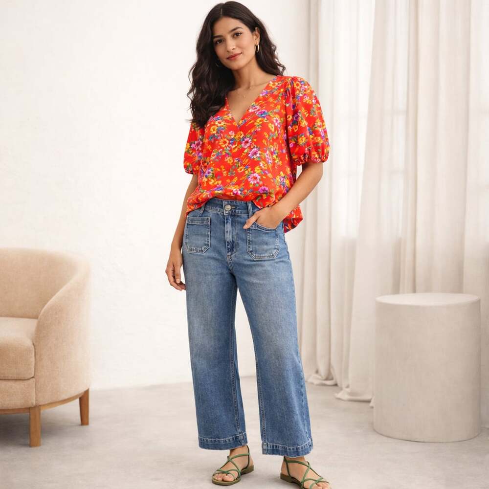 Pilcro Cropped Wide-Leg Jeans in Medium Blue Denim